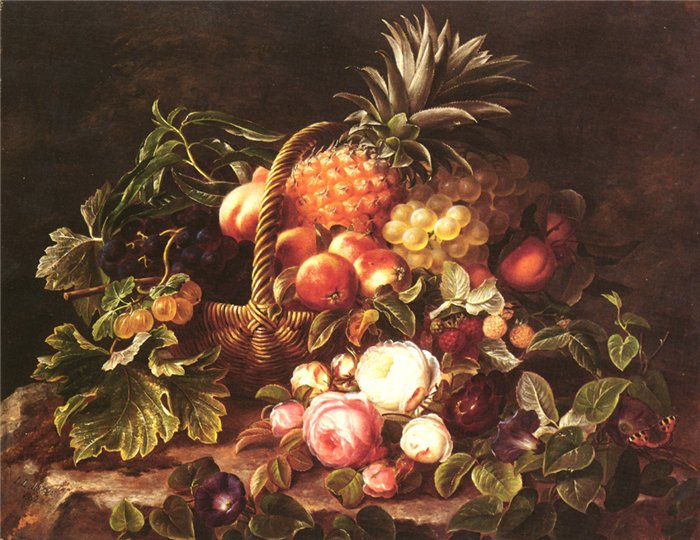 Jensen Johan Laurentz - A Still Life Of A Basket Of Fruit And Roses.jpg